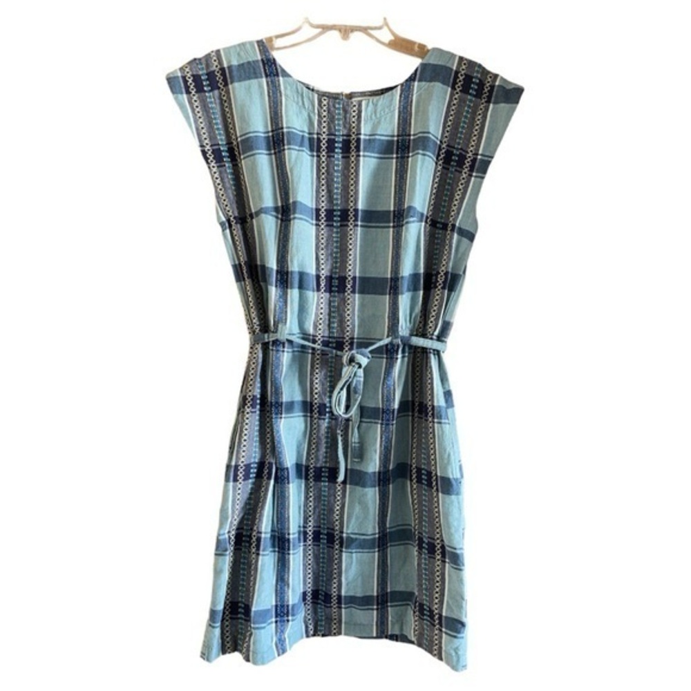 People Tree Hand Woven‎ Midi Dress Blue Plaid Pockets Tie Waist Cotton Size 10